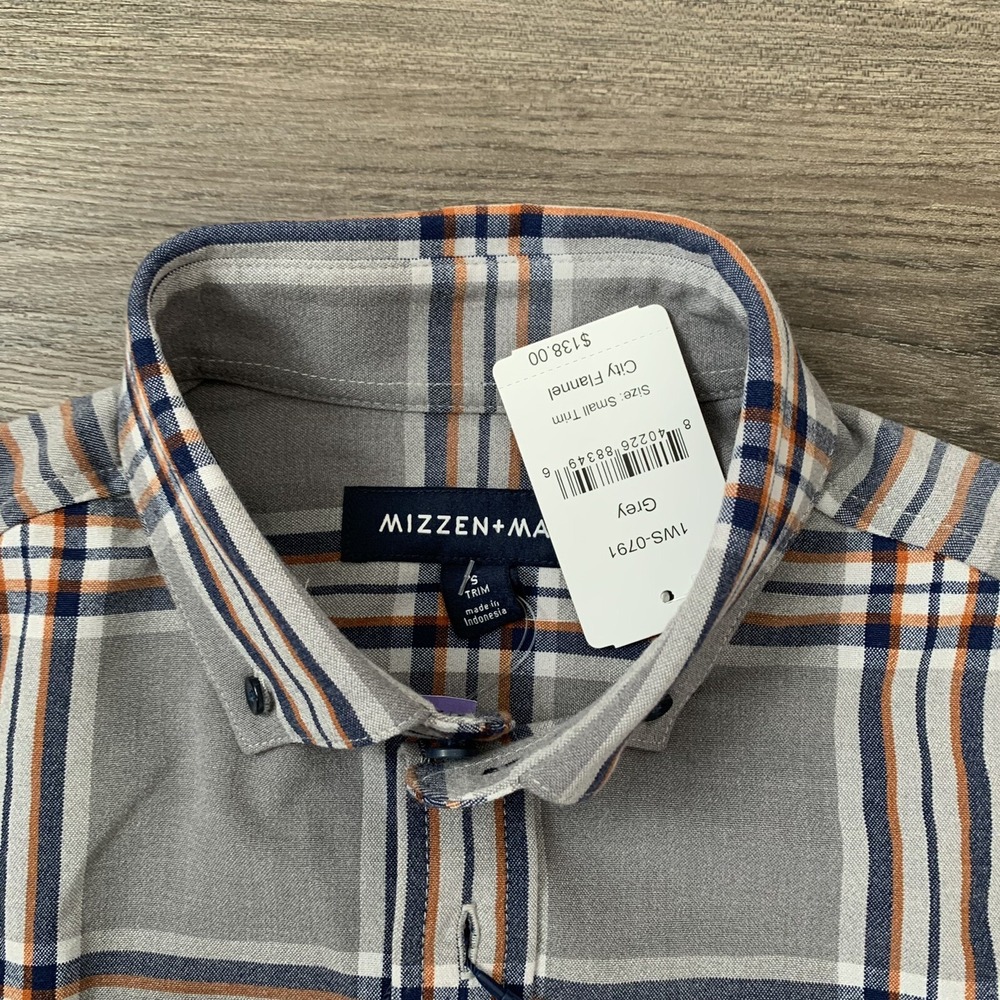Mizzen Main City Flannel Trim Fit Grey Blue Plaid Shirt Mens size Small $138 NEW - Picture 3 of 7